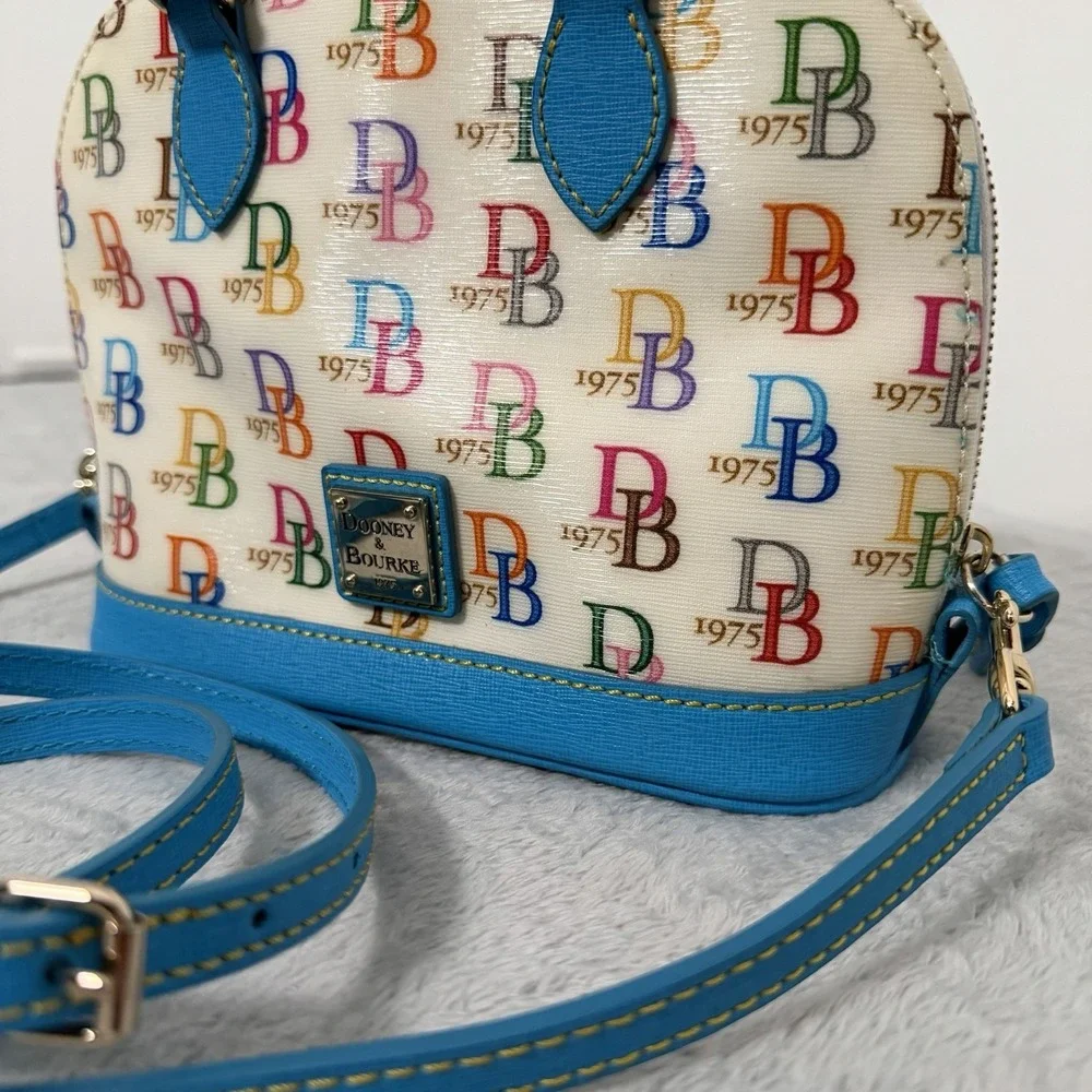 Dooney & Bourke 1975 Logo Bag Domed Crossbody Ruby Top Handle Wht/ Multi Zip Top - Picture 3 of 12